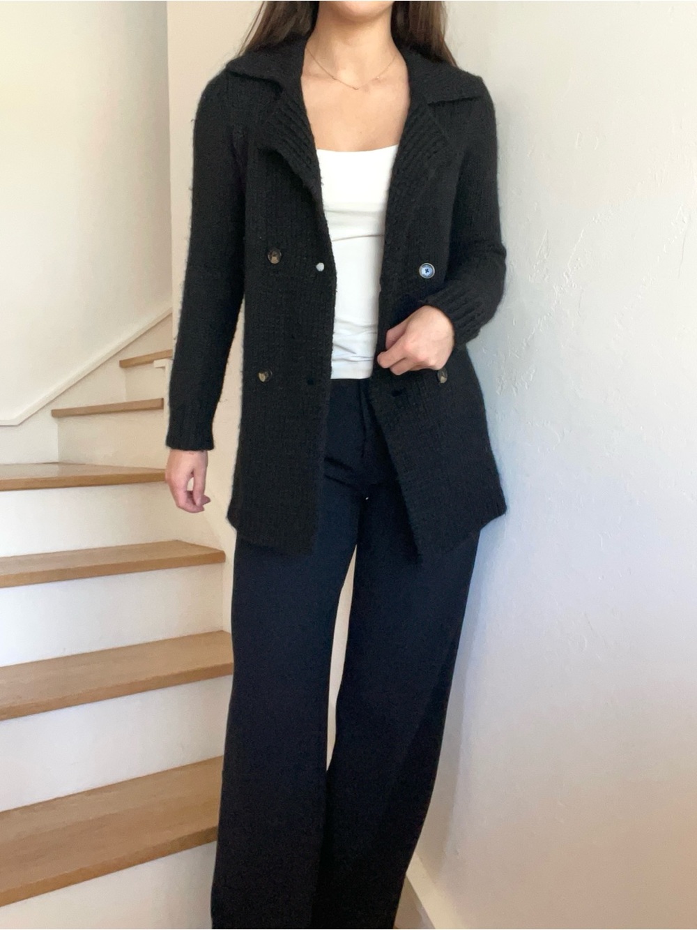 Tory Burch Alpaca Wool Blend Button Front Knit Black Collared Cardigan Sweater